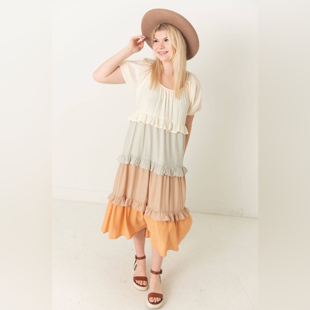 Entro Cream, Tan, and Orange Midi Dress